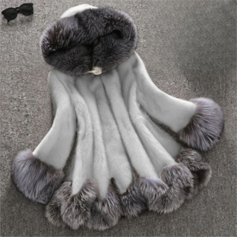 معطف فرو هجين جديد متوسط الطول مخملي بغطاء للرأس للنساء #1