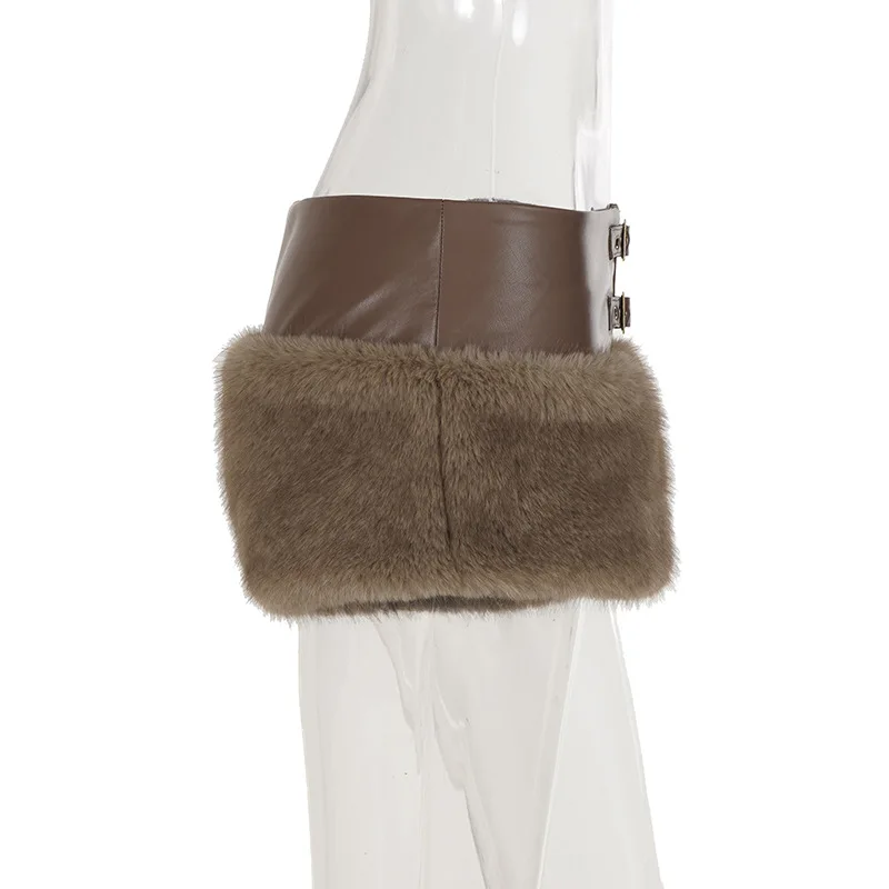 Faux Fur Patchwork Grommet Metal Buckles Pu Leather Shorts Women Chic Sexy Zipper Low Waist Casual Streetwear Bottoms Clubwear