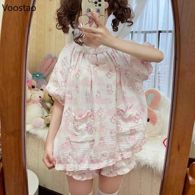 Kawaii Lolita Style Bunny Print Pajamas Set Girly Cute Short Sleeve Tops Shorts Suit Women Casual Princess Homewear Pijama Mujer