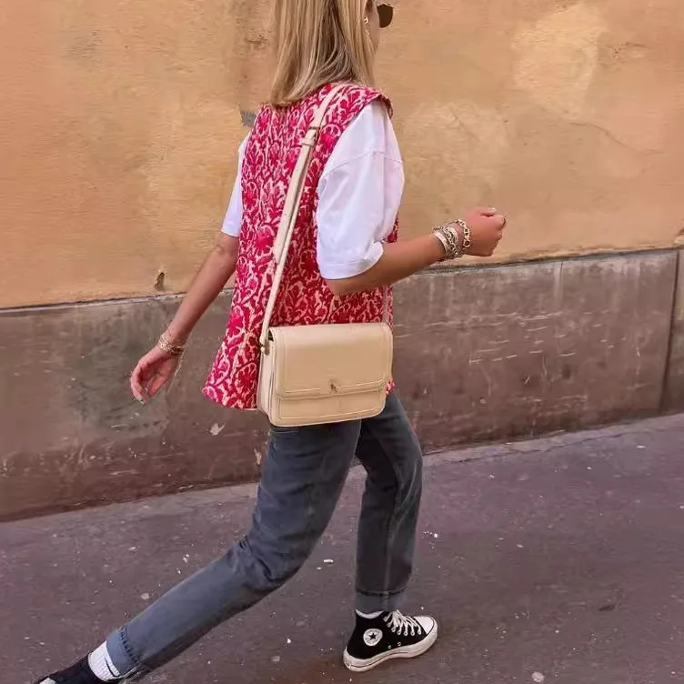 Women's Double-Sided Printed Vest Red Floral Print Quilted Vest With White Lace Blouse Layered Floral Print Vest Style T496