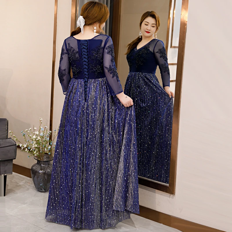 Sequins A-Line Evening Dress Lace Up V-Neck Embroidery Full Sleeves Elegant Floor-Length New Plus Size Women Formal Gowns D855