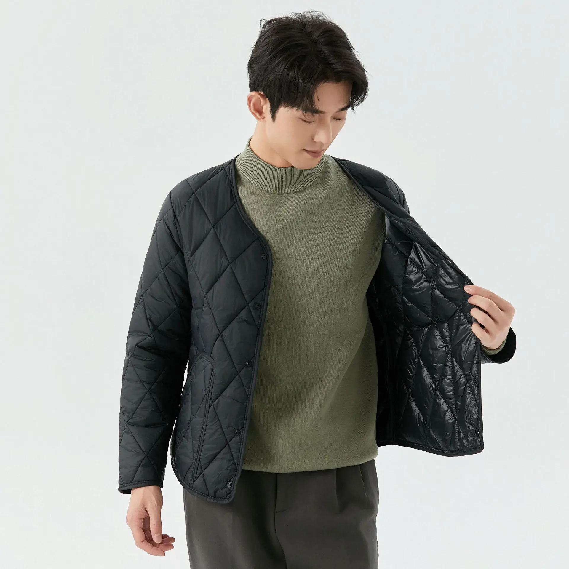 Men's Winter New Lightweight Single-breasted Padded Jacket with Pockets, Young Man Solid Color Argyle Casual Warm Padded Jacket