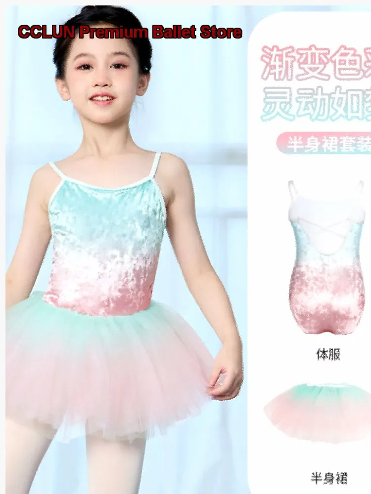 Children's Girls' Camisole Bodysuit with Racerback, Gradient Color for Basic Gymnastics and Dance Training Kids