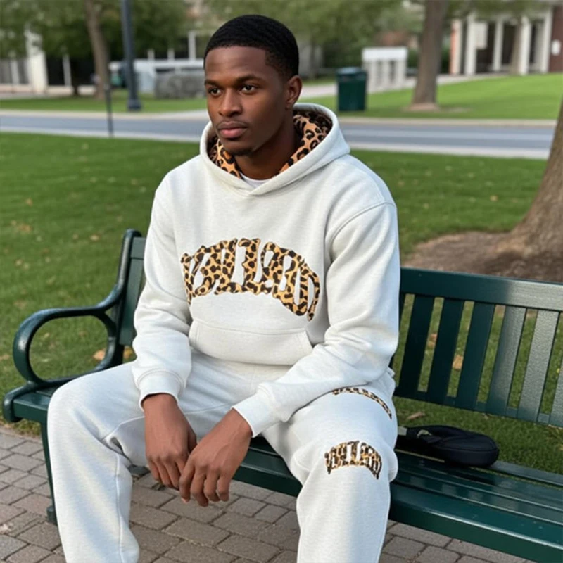

Men Hoodie Retro Harajuku Street Sports Set Leopard Print Letter Embroidery American Hip-hop Fashion Casual Sweatshirt Pants ﻿﻿