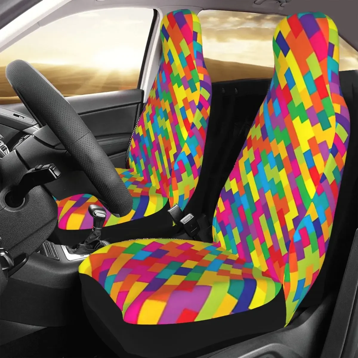 Abstract Colorful Geometric Grid Shapes Car Seat Cover Custom Printing Universal Front Protector Accessories Cushion Set