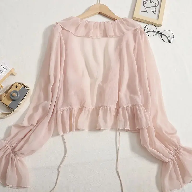 Jackets Women Cute Summer Long Sleeve Breathable Leisure All-match Coats Sunscreen Pure Sheer Kawaii Lady Korean Fashion V-neck