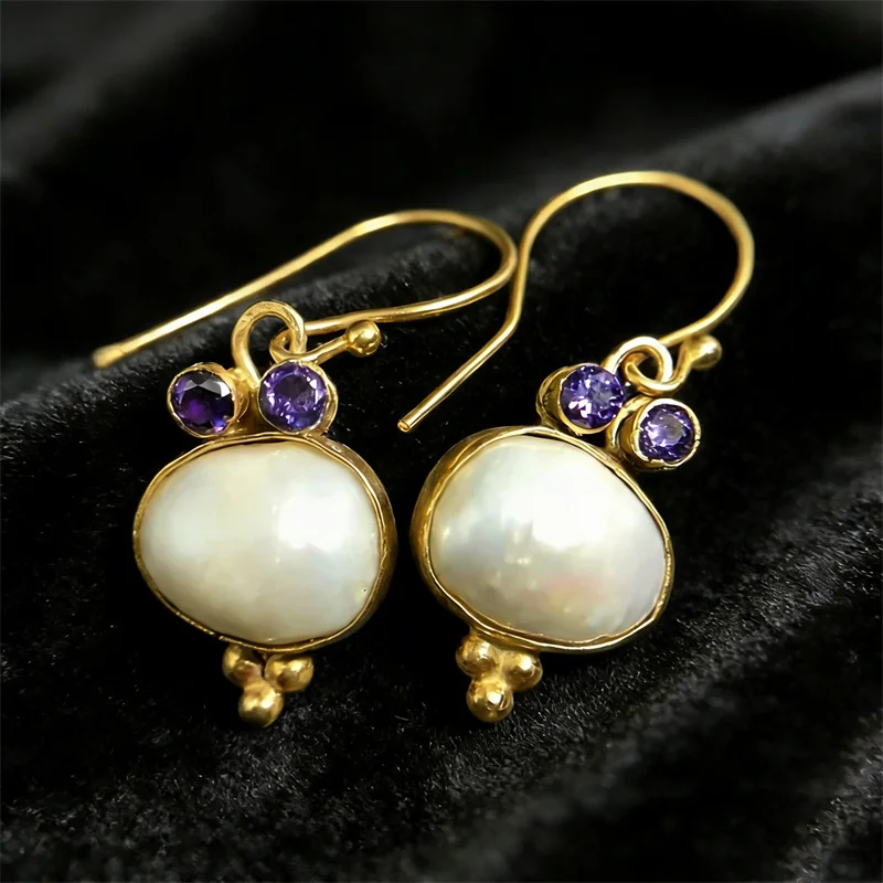 Vintage Oval Inlaid White Stone Earrings Classic Gorgeous Gold Color Metal Purple Zircon Dangle Earrings Jewelry