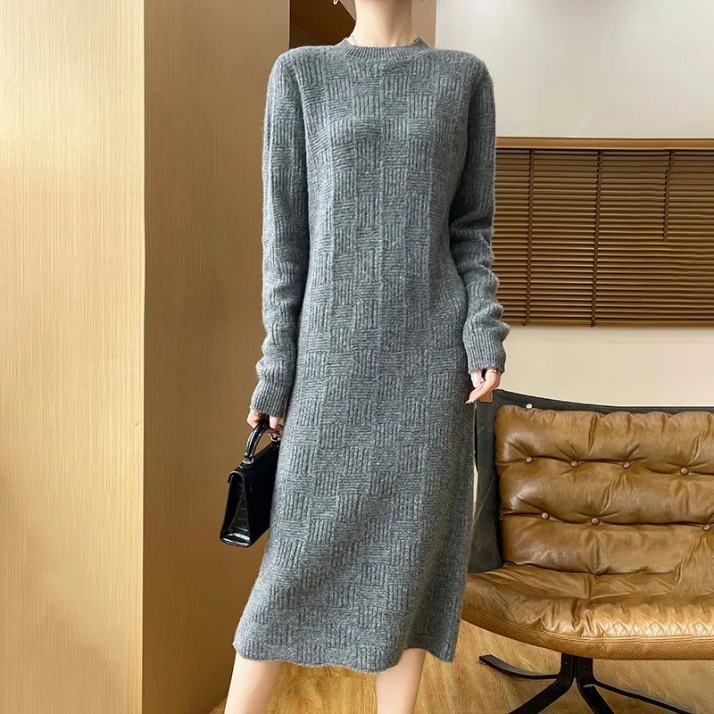 Round Neck Wool Dress French Fashion AutumnWinter Long Sleeved Solid Color Jacquard Pullover Skirt100%MerinoPure Wool Knit Dress