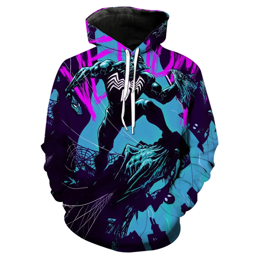 Venom Villain 3D Printed Full Body Long Sleeve Men\'s Hooded Sweatshirt, Teenage Street Casual Plus Size Men\'s Clothing