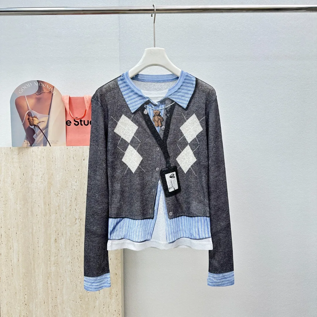 

Princ eenn Autumn 2025 Women's Casual Sle Long Sve T-irt Fake Two-Piece Diamond Print Slimming Top Collar