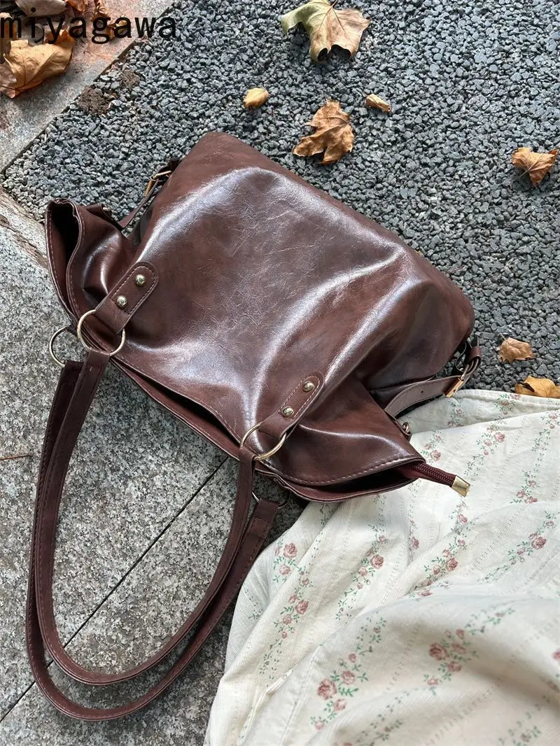 Miyagawa Autumn Winter New Niche Tote Bag Retro Soft Leather Brown Large Capacity Commuting Bag Women Elegant Shoulder Bags