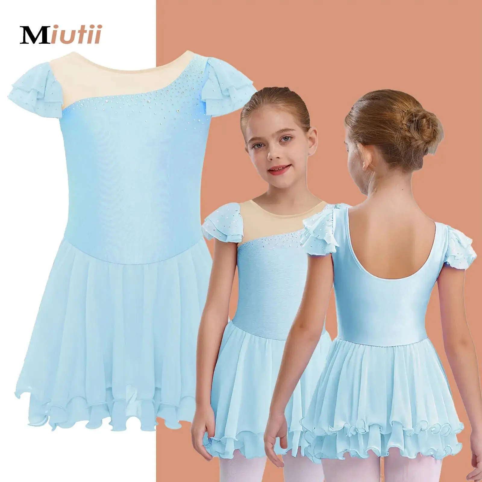 Figure Ice Skating Dress for Girls Ballet Jersey Gymnastics Glittery Rhinestone Leotard Mesh Skater Dance Competition Costume