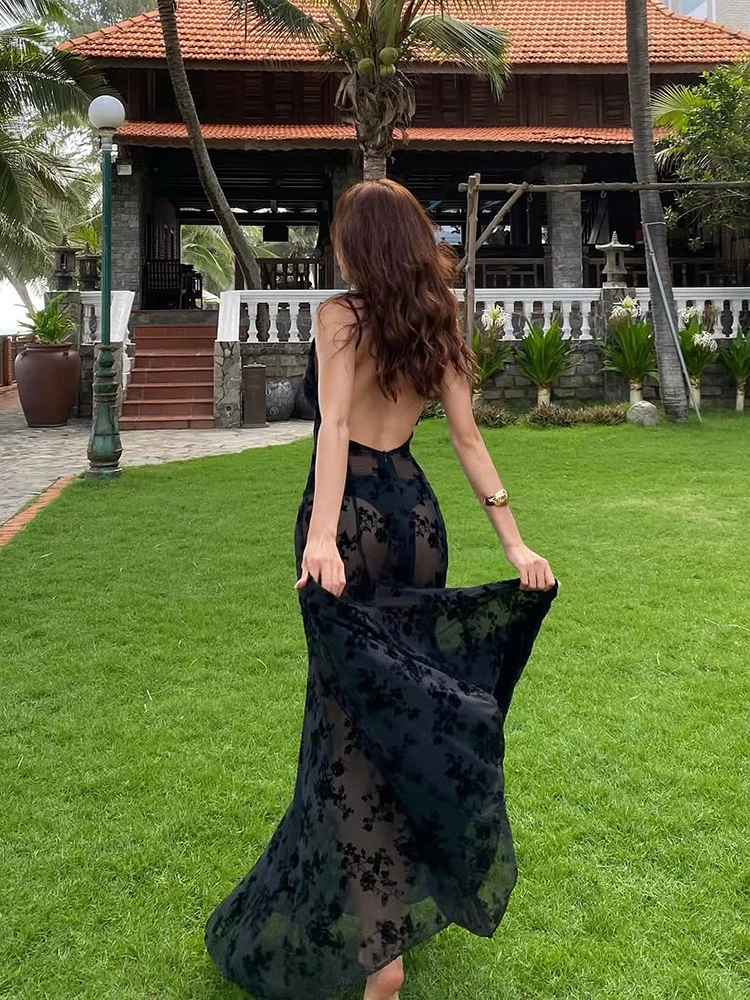 Nibber Durchsichtiges Kleid für Damen, beflockt, gerafft, sexy, tiefer V-Ausschnitt, rückenfrei, ärmellos, Strandurlaub, Party, Clubwear, Vestidos