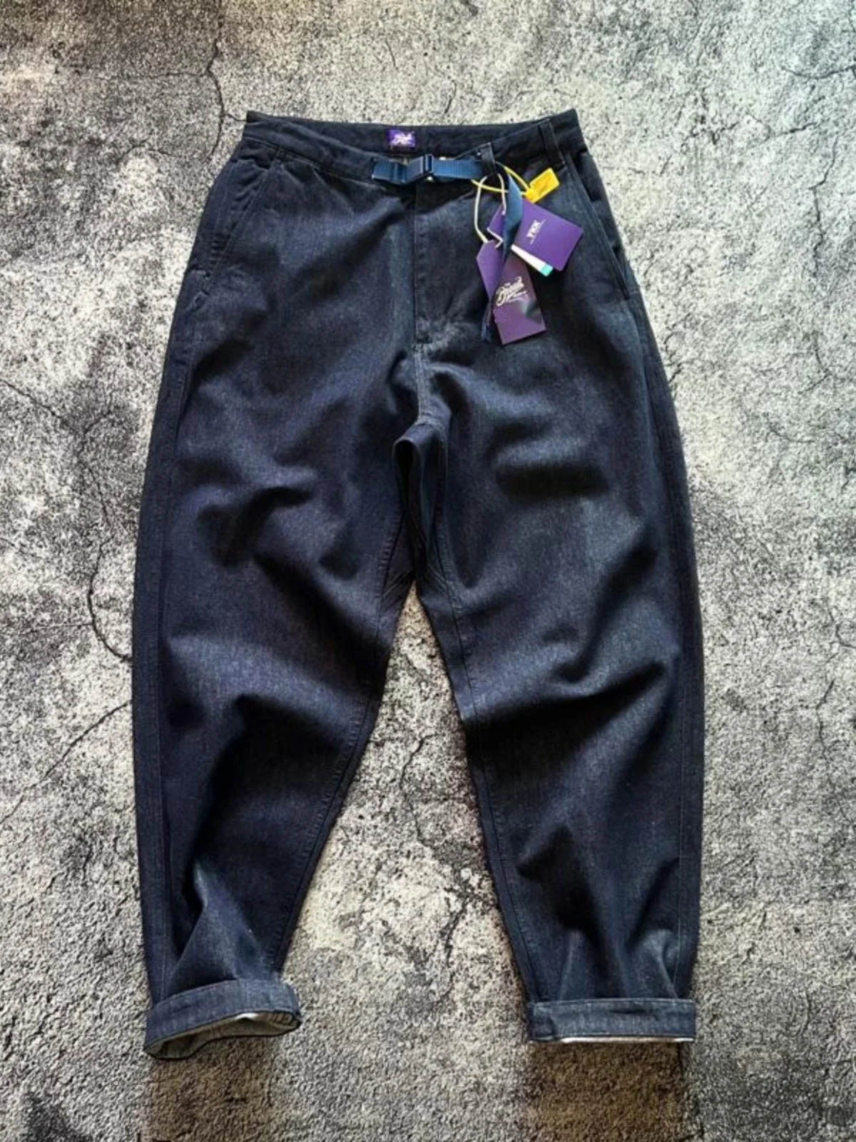

Japanese Retro Heavyweight Relaxed Wide-Leg Tapered Jeans for Men Purple Label Belted Streetwear Harlem Pants Vintage Dad Pants