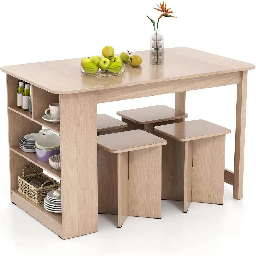 

5-Pieces Dining Table Set for 4, Kitchen Table Set with Side Storage Shelf, 4 Square Stools, Space-Saving Dining Furniture
