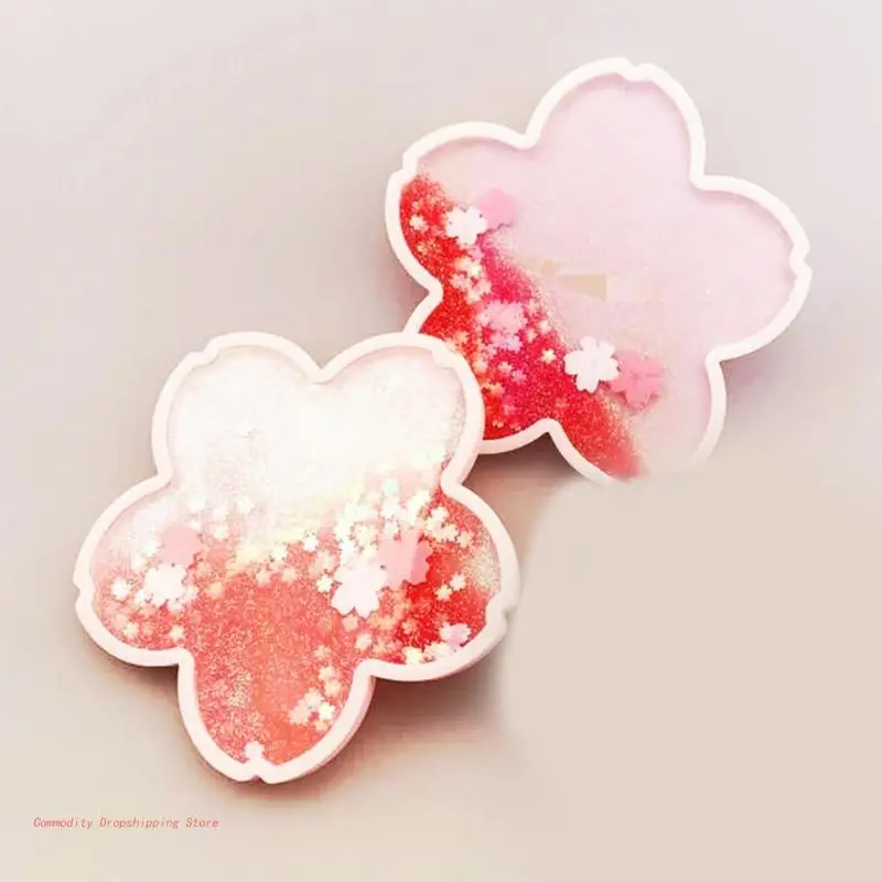 Glitter Coasters for Drinks Cherry Flower Pattern Insulation Plastic Funny Cup Mat for Decoration