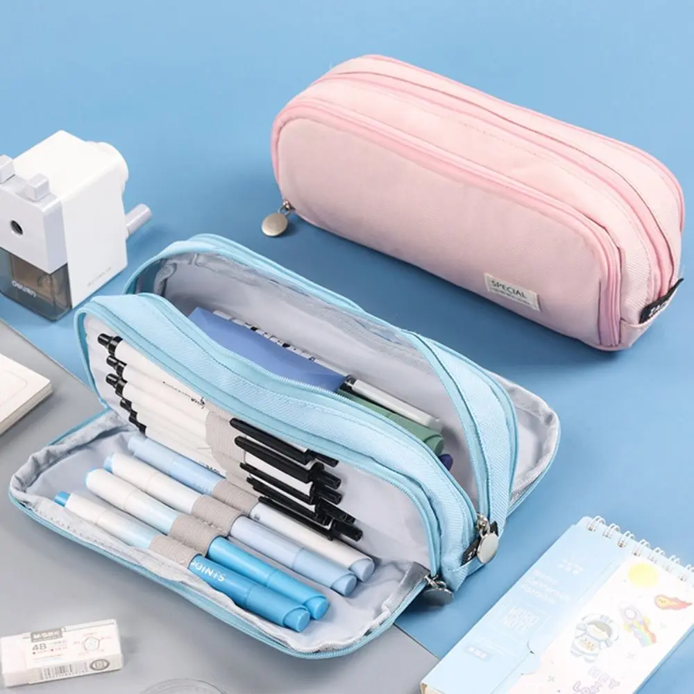

3 Layer Large Capacity Pencilcase Portable Pen Bag Zipper Pencil Box Multifunctional Solid Color Stationery Organizer