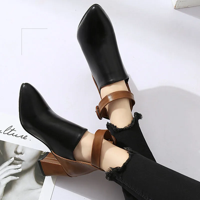 AutumnWomen Ankle Boots Black Chunky High Heel 7CM Color Matching Buckle Bota Back Zip Casual Female PU Learther Botines Chelsea