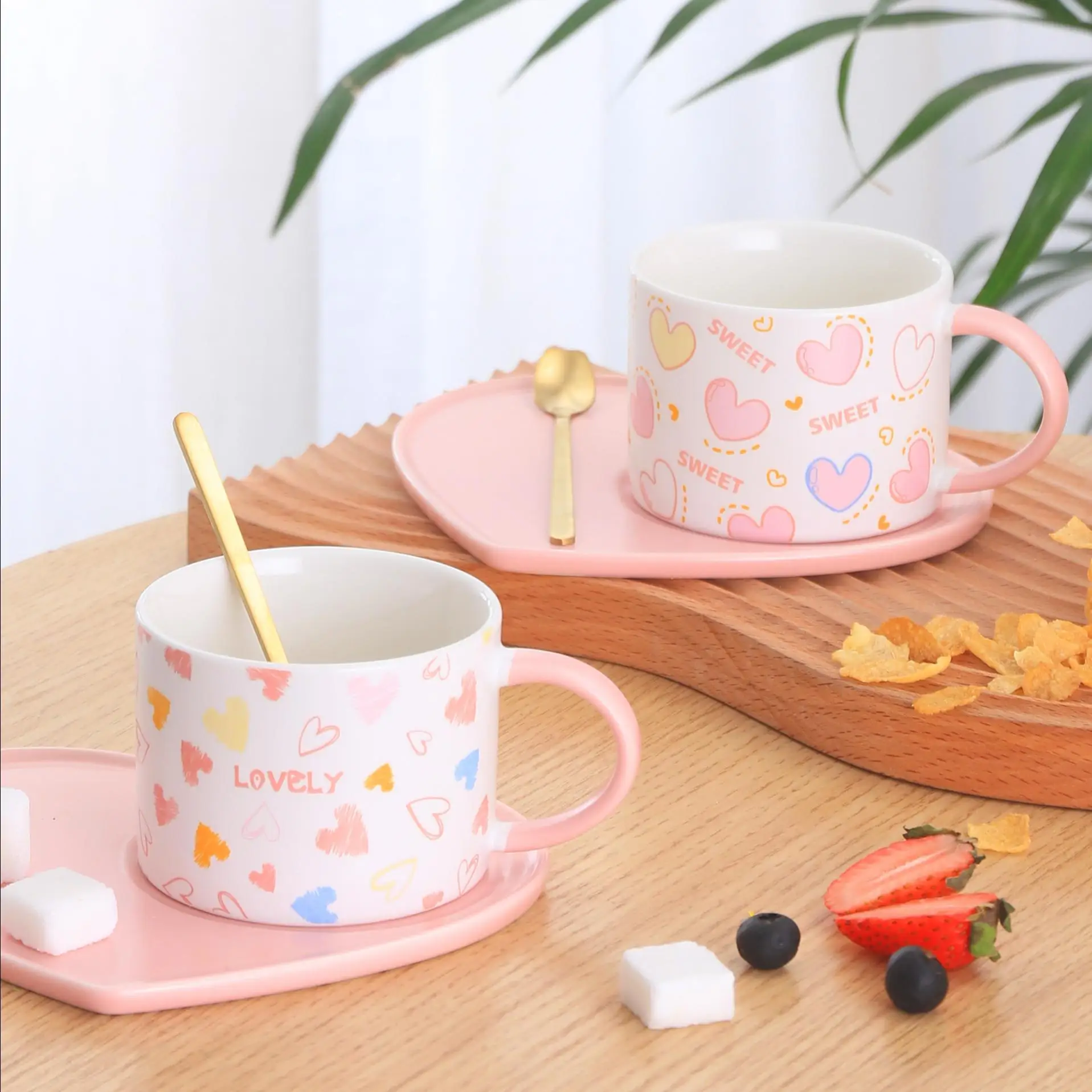 Pink Cute Ceramic Coffee Cup Saucer Sets Love Heart Style Plate With Spoon Couple Pair Cup And Dish Set Home Office Coffee Cup