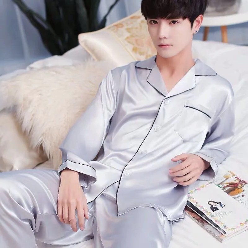 Conjuntos de pijama de cetim de seda manga comprida masculino, pijamas com colarinho virada para baixo, pijamas primavera, masculino Homewear, 2
