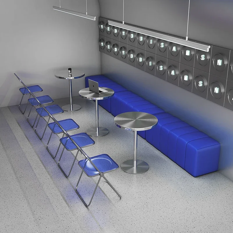 Wall booth sofa, milk tea shop, coffee shop Internet celebrity industrial style, Klein blue bench table and chair combination