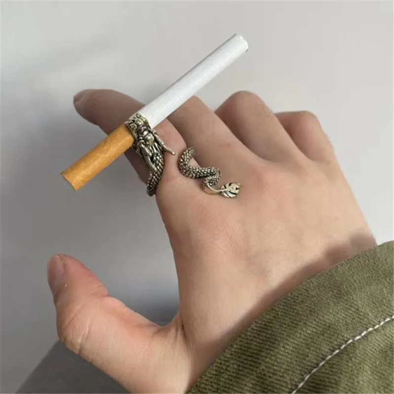 Vintage Punk Hiphop Cigarette Holder Ring of Cigarette Holder Bracket Dragon Rings for Men Women Hand Party Jewelry Gift jz230