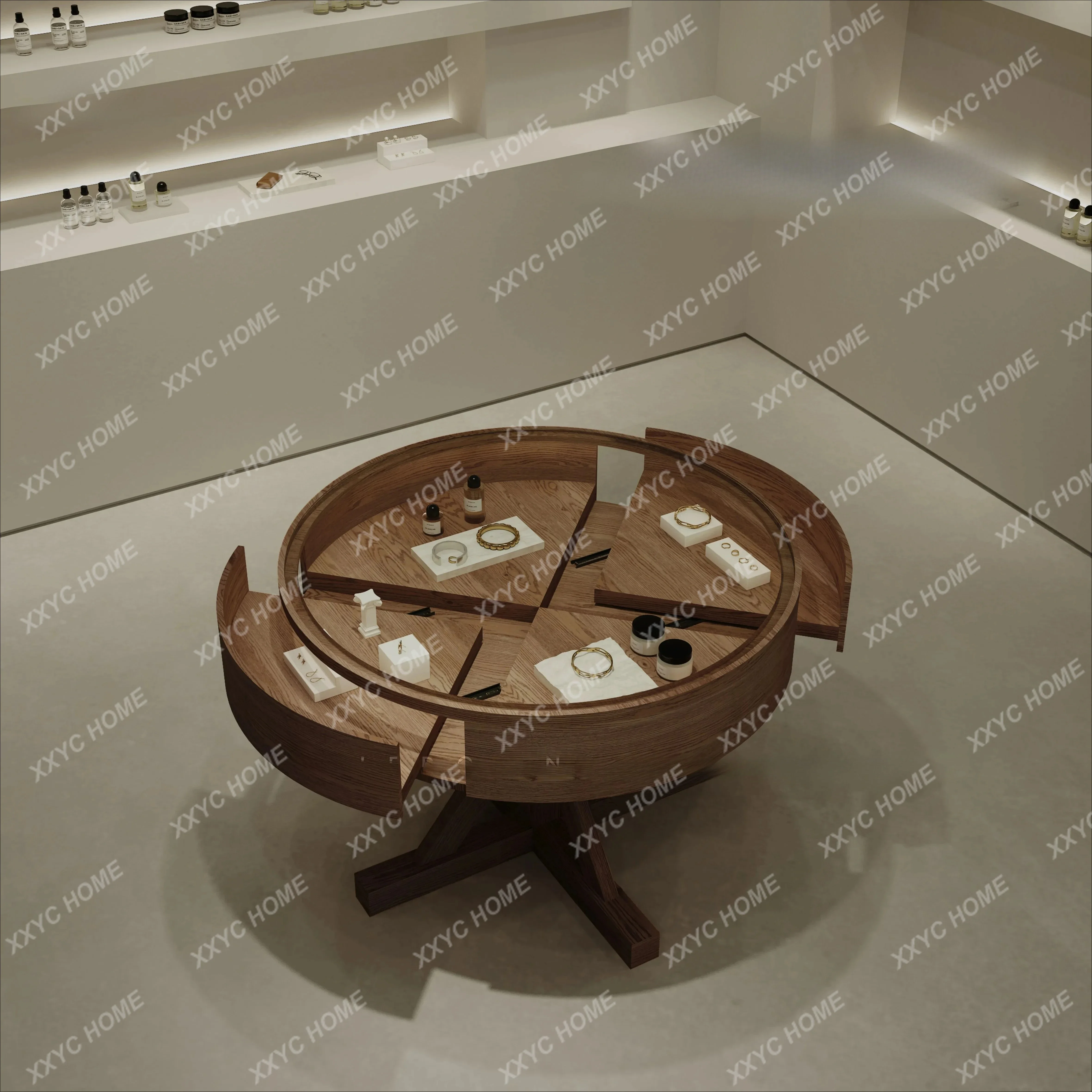 Lmulti-functional jewelry with drawers exhibition hall movable glass display cabinet custom wood grain
