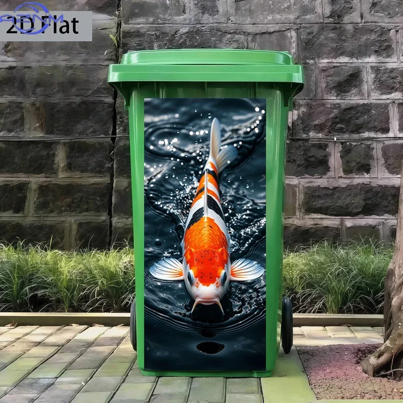 Printing Trash Can Sticker 37×82cm Koi Fish Leaping Over Water Themed Design Self-Adhesive Wall Decal Wallpaper for Kitchen Tr