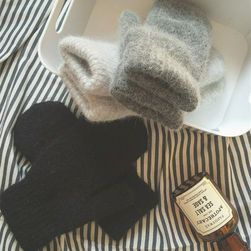 قفازات شتوية محبوكة من فراء الأرنب الصناعي، مبطنة وسميكة للحماية من البرد، قفازات واقية كاملة الأصابع على الطراز الكوري
