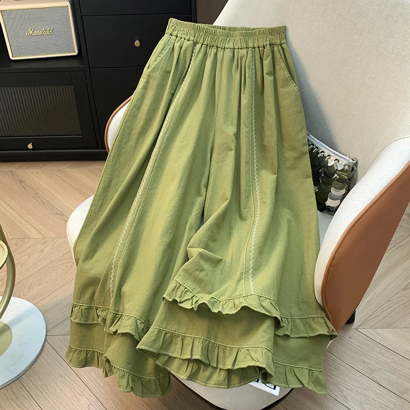 Pantalon ample en coton et lin pour femmes, jambes larges, taille haute, taille élastique, garniture en dentelle brodée, jupe, neuf points, couleur Pure, été