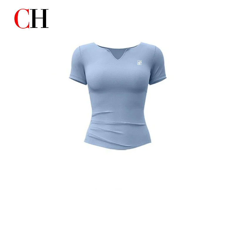 CH V-neck Yoga Short Sleeve Naked feel Quick-dry Fitness Waist-cinching Pleated Sports Top Running Women