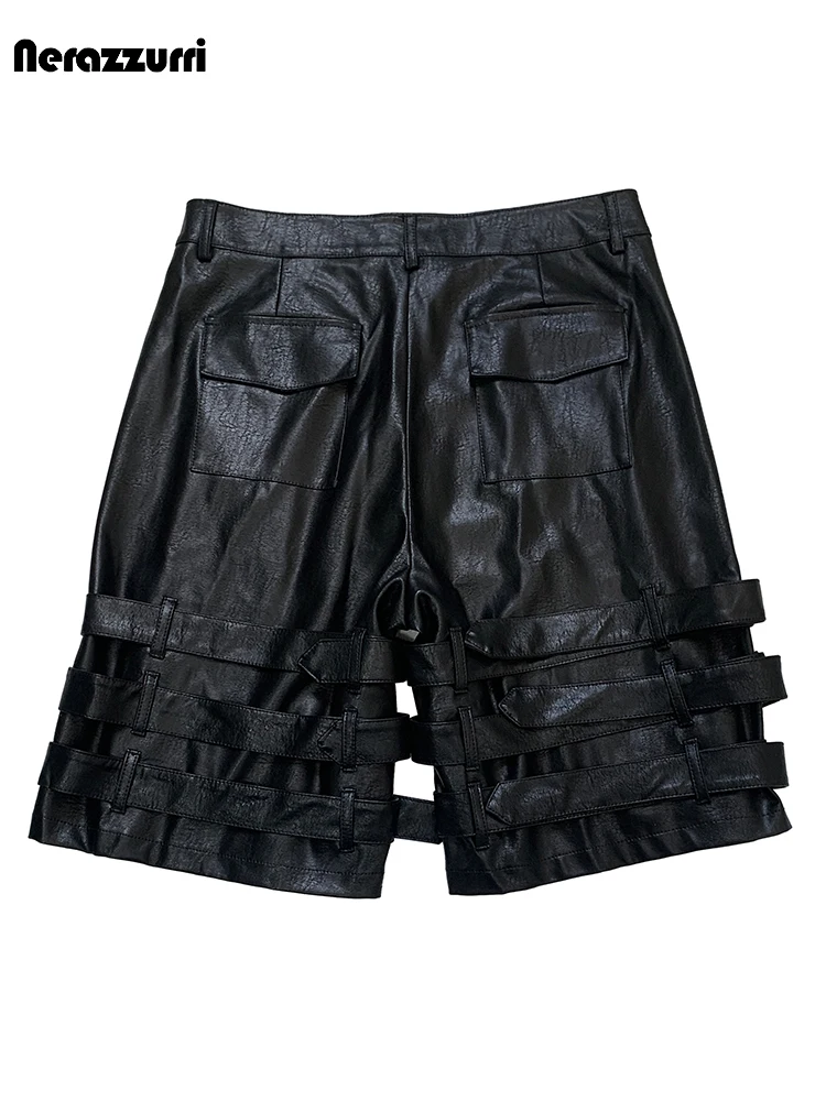 Nerazzurri Summer Autumn Cool Black Pu Leather Shorts for Men with Many Belts High Waist Knee Length Straight Pants Clothes 2025