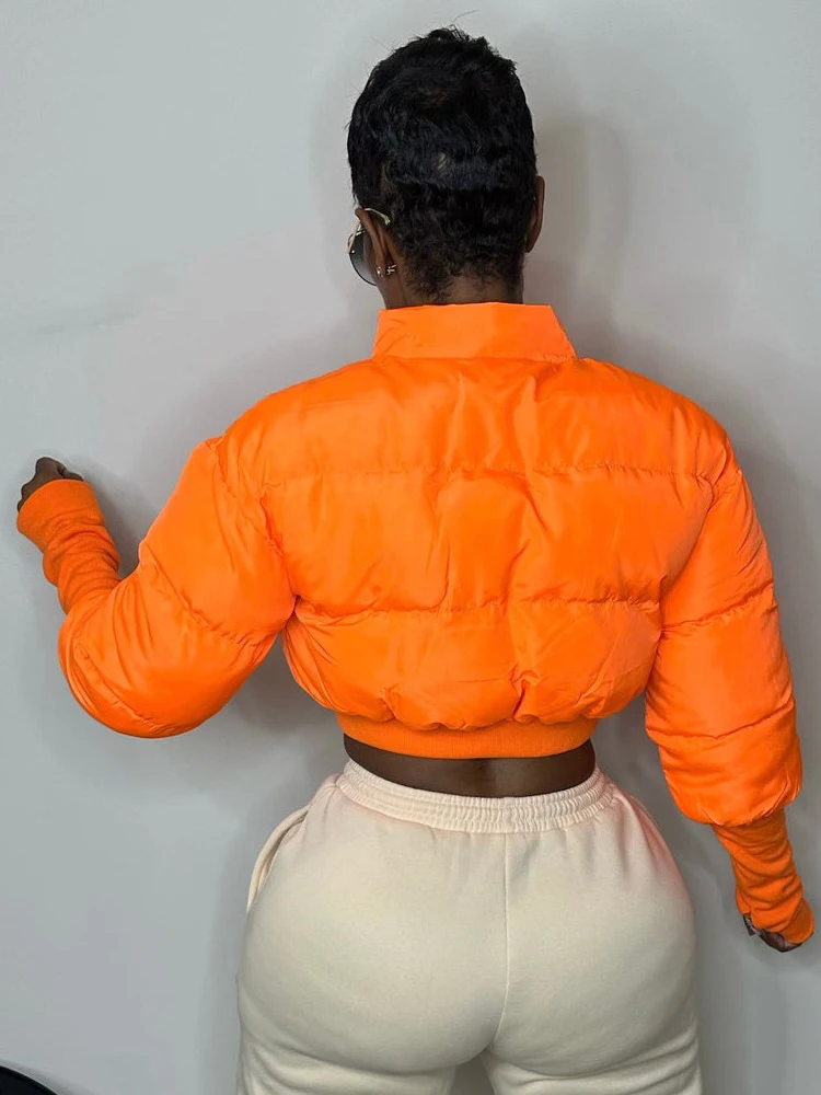 Orange Cropped Puffer Jackets Women 2026 Autumn Winter Warm Long Sleeve Zip-Up Bubble Quilted Coat Female Lightweight Outerwear