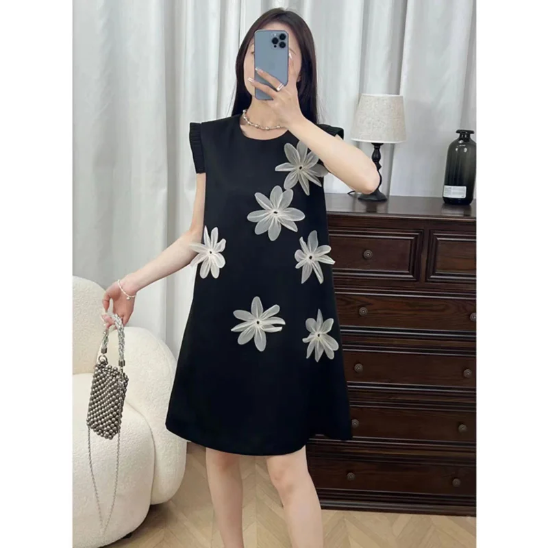 3D Flower Loose Black Sleeveless Dress 2024 Summer Women's New Round Neck Small Fragrance Korea Chic Sweer Lady Short Dress
