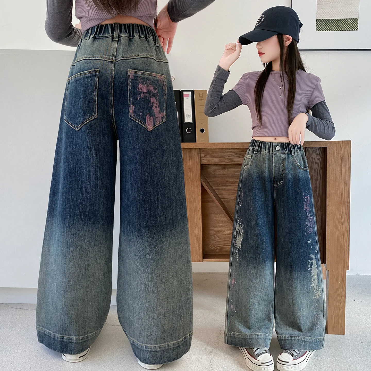 أزياء الأطفال جينز مستقيم الساق مع التعادل صبغ للأطفال السراويل الزرقاء Sweatpants الفتيات العصرية شارع العليا الدنيم السراويل