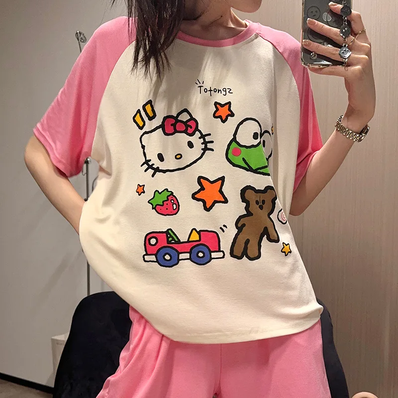 Hellokittys Anime Kawaii Modal Pajamas Summer Cute Sanrios Short Sleeved Shorts Loose Girls Home Furnishing Set Can Be Outworn