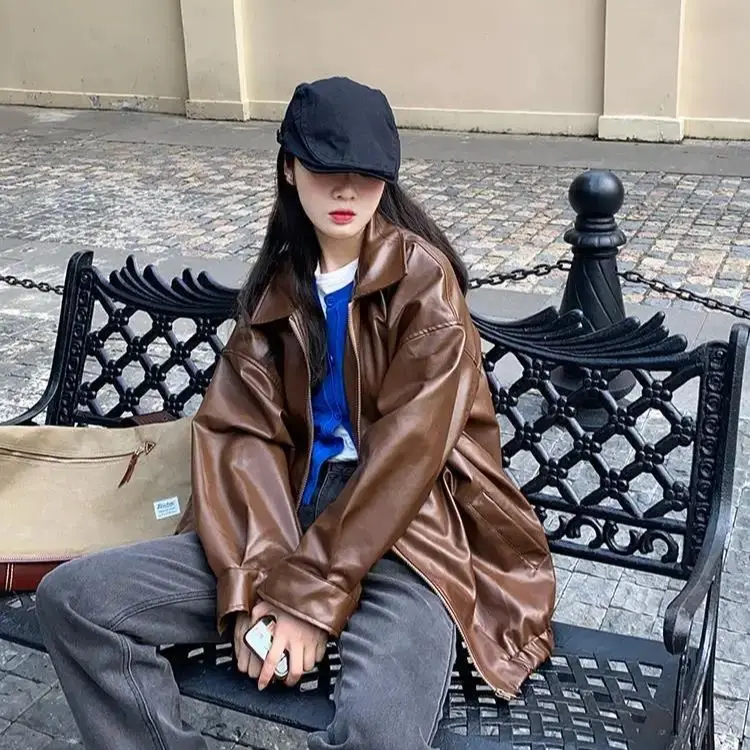 

Leather Jacket Black Korean Women Winter Long Women'S Moto Biker Zipper Jacket Streetwear Harajuku Y2K Loose Women'S Coat 2024