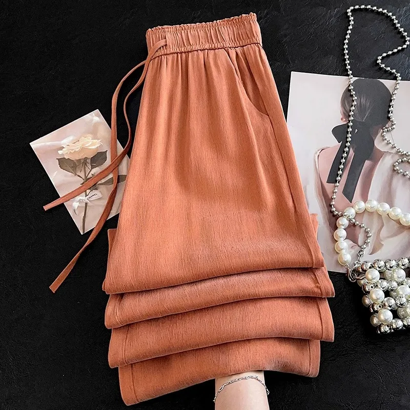 

High Waist Narrow Version Copper Ammonia Silk Pants for Women, Summer Thin Elastic Waist, Elegant Slimming Draped Strai