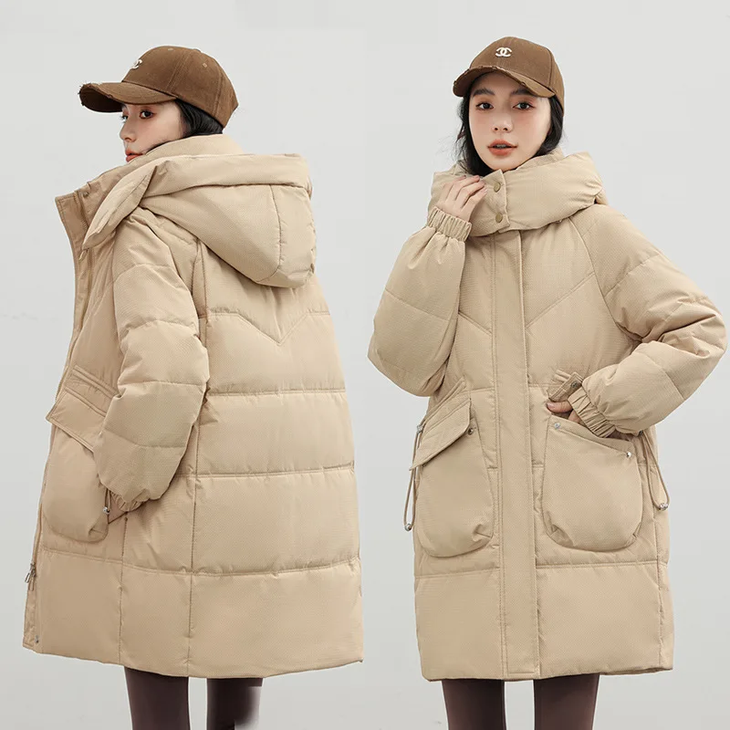 Women Hooded Parkas Coats Mid Lenth Overcoat Solid Drawstring Zip Long Sleeves Loose Thick Casual Office Lady 2025 Autumn Winter