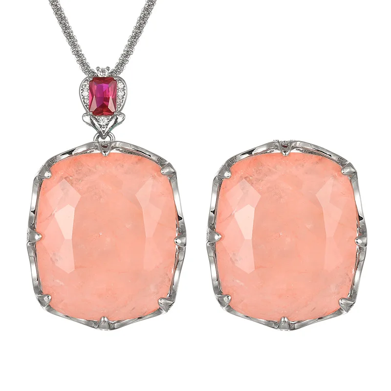 Large Cushion Cut Pink Rose Quartz Pendant Necklace Adjustable Ring Red Ruby Accent Statement Jewelry for Women Party Gift view 6