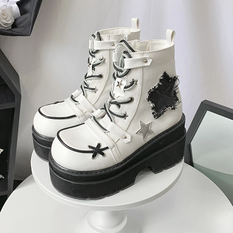 Japanese Original Punk Platform Denim Boots Girl Sweet Cool Round