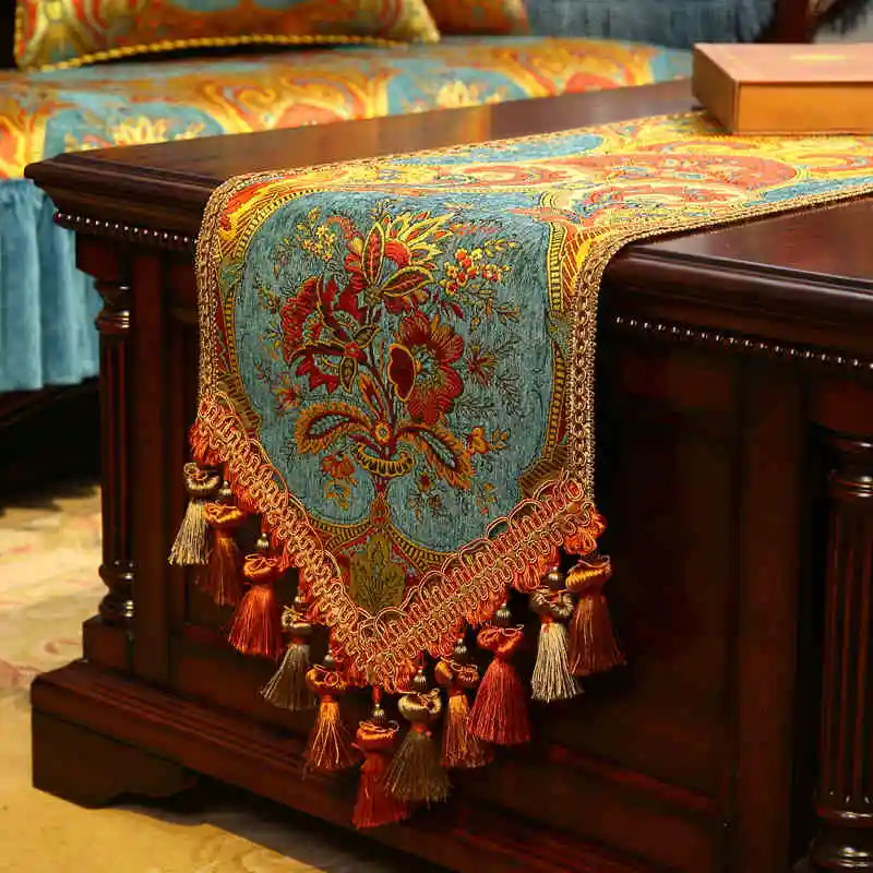 Luxury Embroidery Table Runner European Coffee Table Decorative Long Cloth Retro Shoe Cabinet Tassel Cover Towel Table Runner