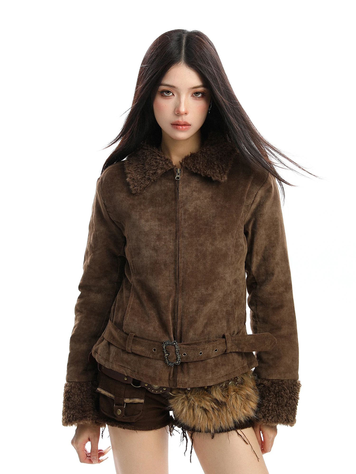 

Thiened ort Lamb Velvet Patchwork Collar Cotton Jaet Women's Winter Warm Slim Fit Outerwear Biggold Meralay