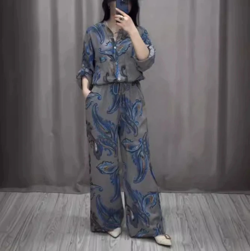 

Spring and Summer 3D Digital Printing Fashion Women's Long Sleeved Shirt Long Pants Two-piece Set