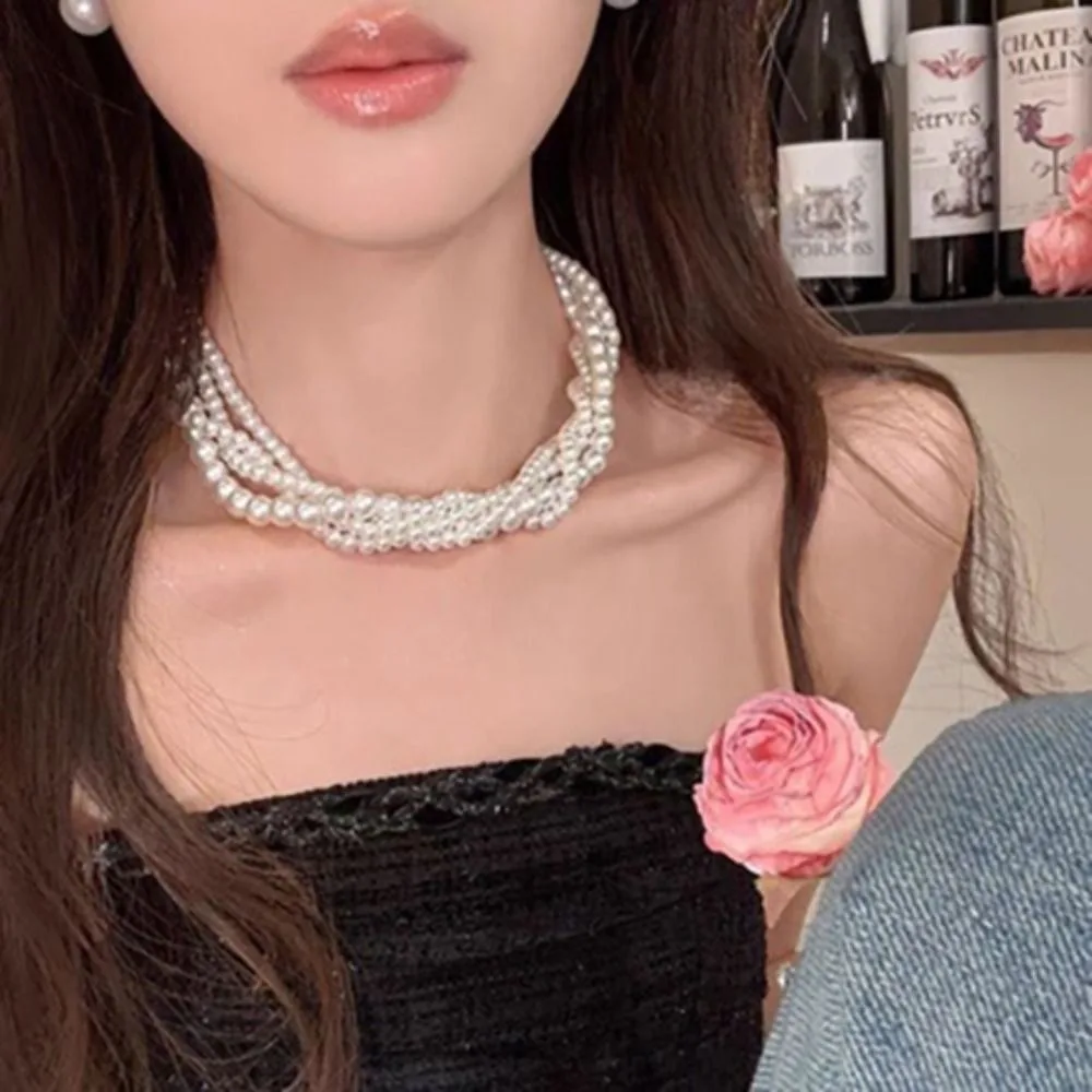 Stylish Multi Layer Pearl Chocker Chunky Woven Faux Pearl Twisted Neck Chain Pearl Collar Statement ‌ Bridal