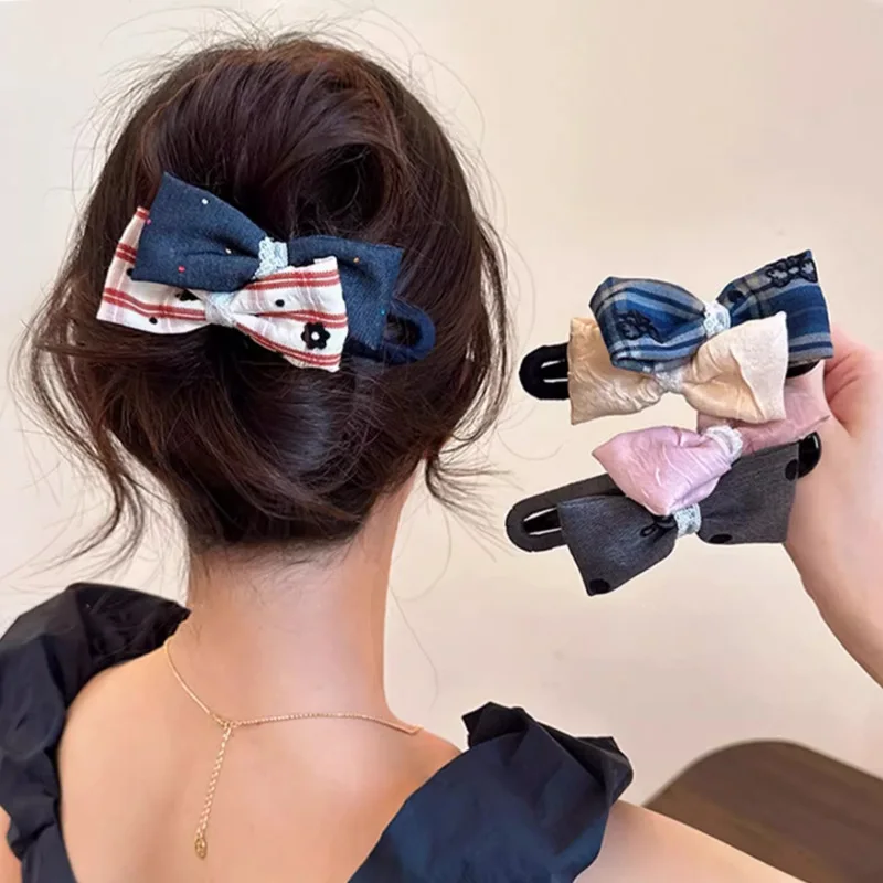 Fabric Color Block Bow Knot Hair Clip Women Girls Large Bun Duckbill Hair Clip Korean Fashion Simple Hair Styling Accessories