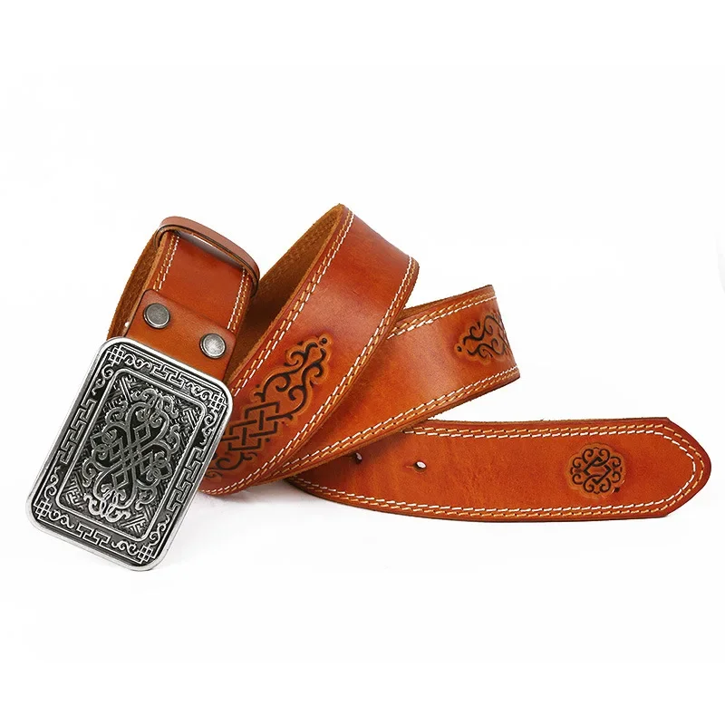 3.8cm men's belt yellow belt men's wide jeans men's leather belt Chinese pattern denim smooth buckle belt pure cowhide