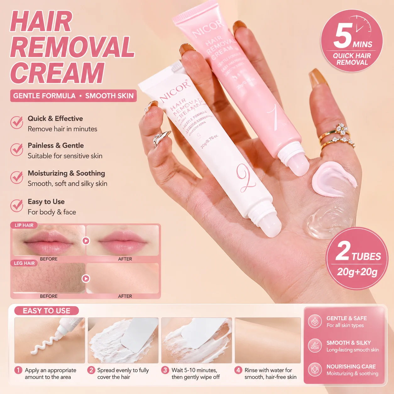 `Gentle Painless Lip Moustache Hair Removal Cream for Women Men Hair‑Dissolving Formula for Sensitive Facial Skin`