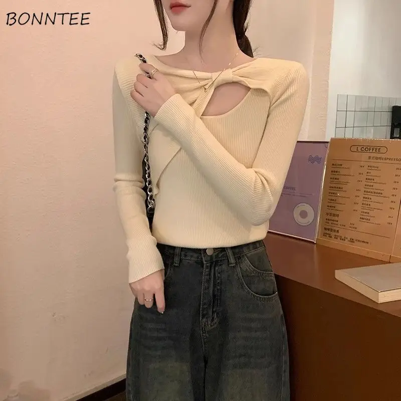 

Autumn French Bow Chic Knitted Pullover for Women Winter Basic Sexy Hot Irregular Solid Sweater Ladies Spring Fashion Top Soft