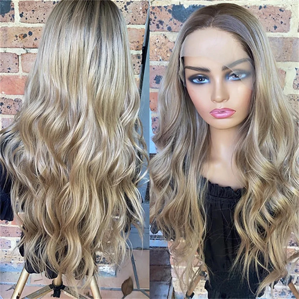

26 Inch Highlight Blonde Lace Front Wigs Long Wave Ash Blonde Synthetic Hair Wig for Women 13x4 Heat Resistant Cosplay Wig